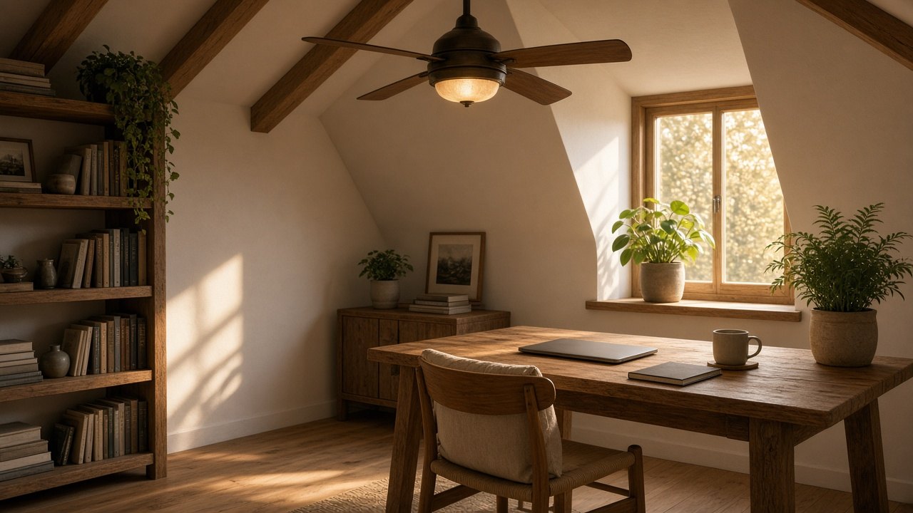 Gezellige werkkamer op zolder met bureau, boekenkast en een houten plafondventilator met lamp