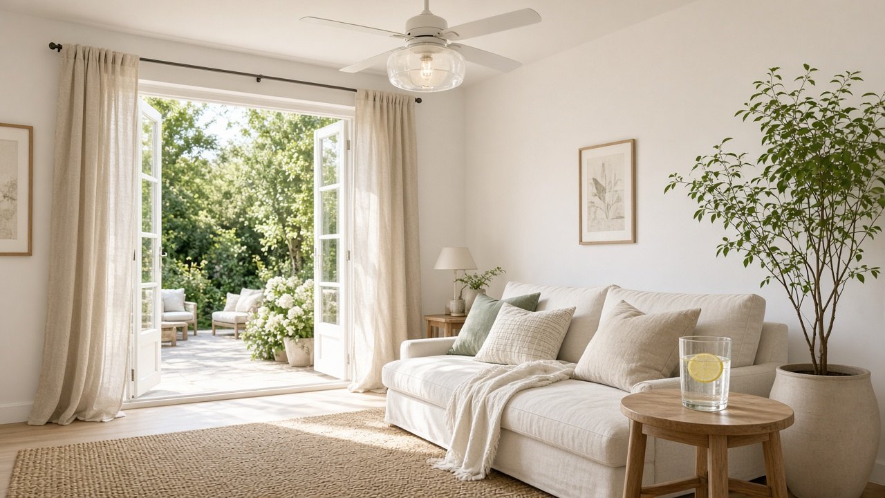 Zonnige woonkamer in de zomer met openstaande tuindeuren en een witte plafondventilator met lamp