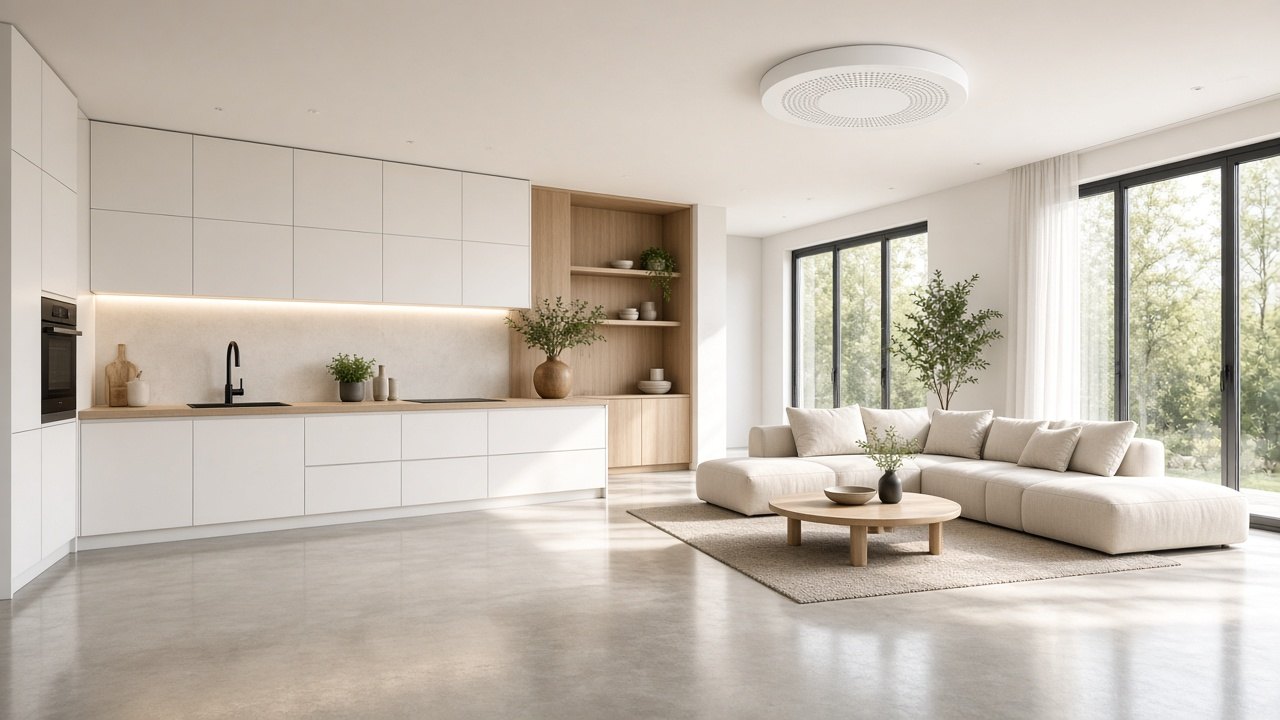 Minimalistische moderne keuken-woonkamer met een strakke ronde plafondlamp met verborgen ventilator