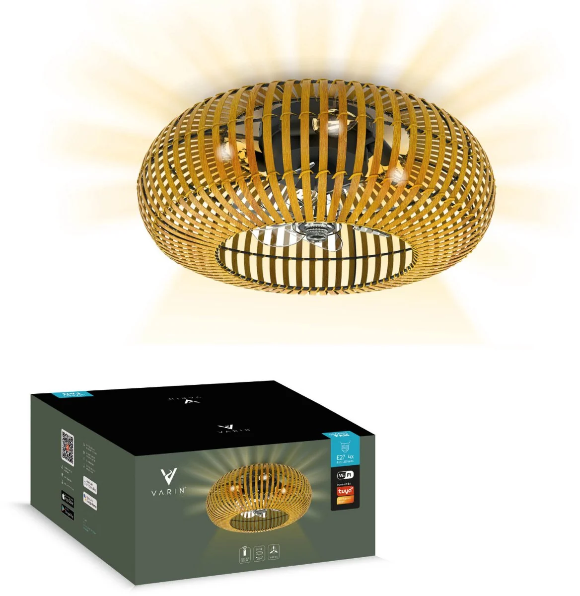 Varin smart plafondlamp met ventilator van bamboe in zwart, 50 cm