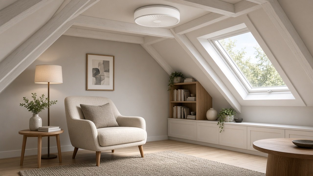Moderne zolderkamer met een laag plafond en een platte ronde plafondlamp met ventilator