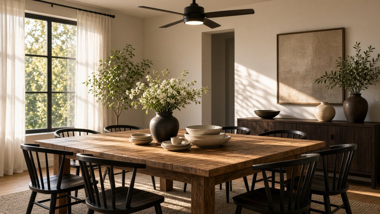 Stijlvolle eetkamer met houten tafel en een zwarte plafondlamp met ventilator in warm middaglicht