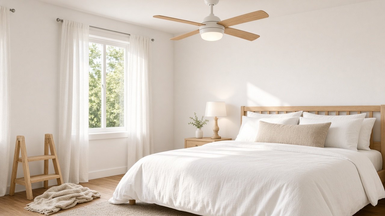 Zonnige slaapkamer met een schone witte plafondventilator met houten bladen en een keukentrap in de hoek