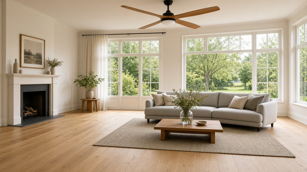 Ruime Nederlandse woonkamer met houten vloer, bank en een grote plafondventilator met verlichting