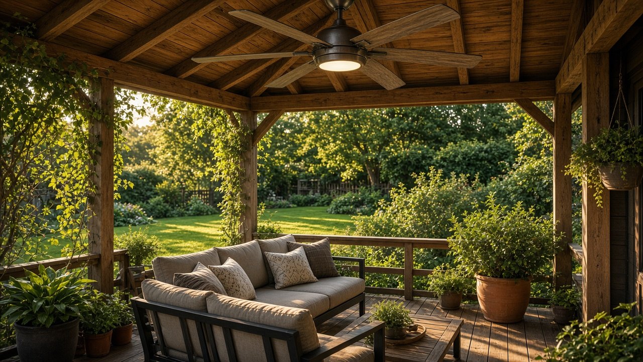 Overdekte houten veranda in de tuin met loungebank, planten en een grote plafondventilator met verlichting