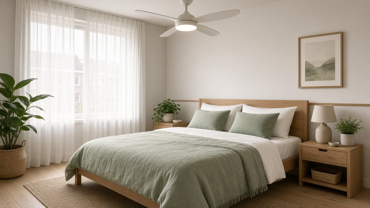Lichte Scandinavische slaapkamer met een plafondventilator met lamp boven het bed