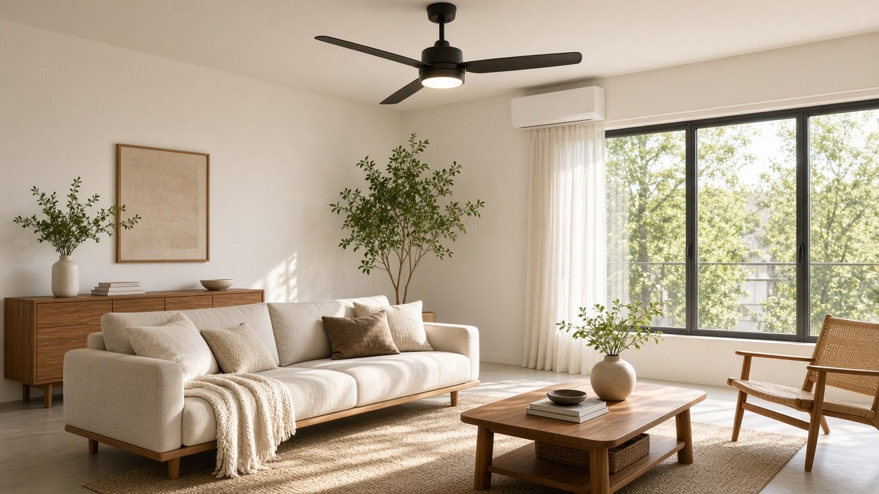 Lichte woonkamer op een zomerdag met een plafondventilator met lamp en een rustige split-airco aan de muur